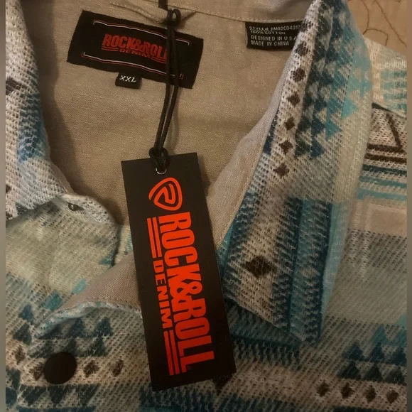 Rock & Roll Denim Men’s Beige Teal Turquoise Aztec Jacket Shacket, Size XXL, NWT - Picture 9 of 11